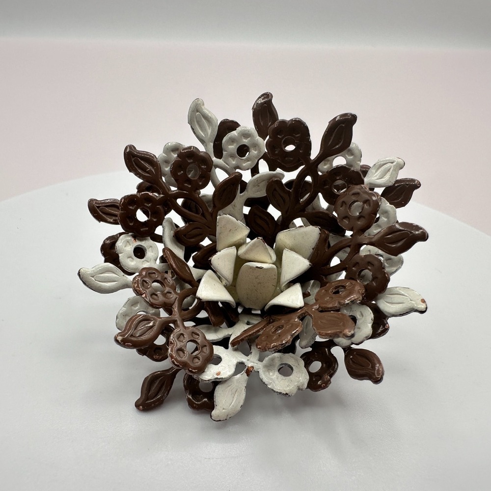 Vintage 60s Enamel Flower Bouquet Brooch Pin - Brown & White Floral Jewelry